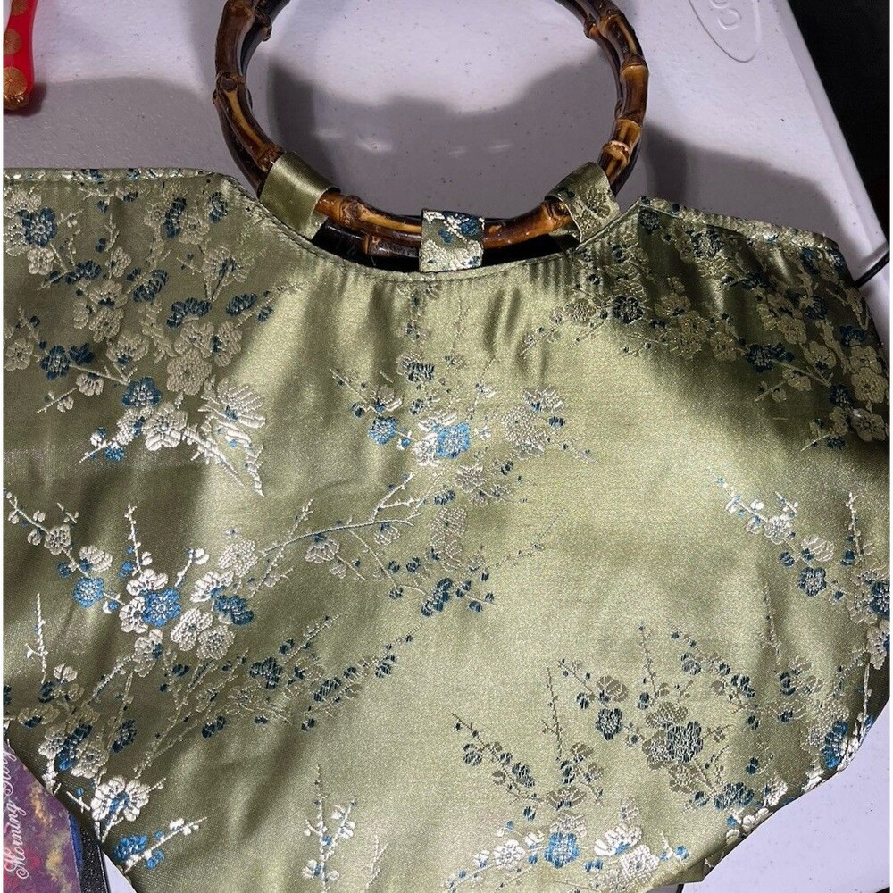 Asian Inspired Green Floral Handbag Brown Bamboo Handles - Picture 11 of 15